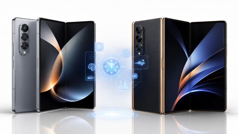 Samsung Galaxy Z Fold 8 compared with Galaxy Z Fold 8 Ultra on a white studio background.