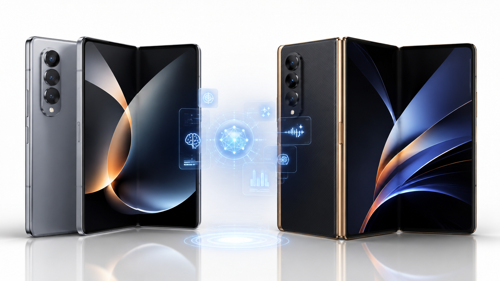Samsung Galaxy Z Fold 8 compared with Galaxy Z Fold 8 Ultra on a white studio background.