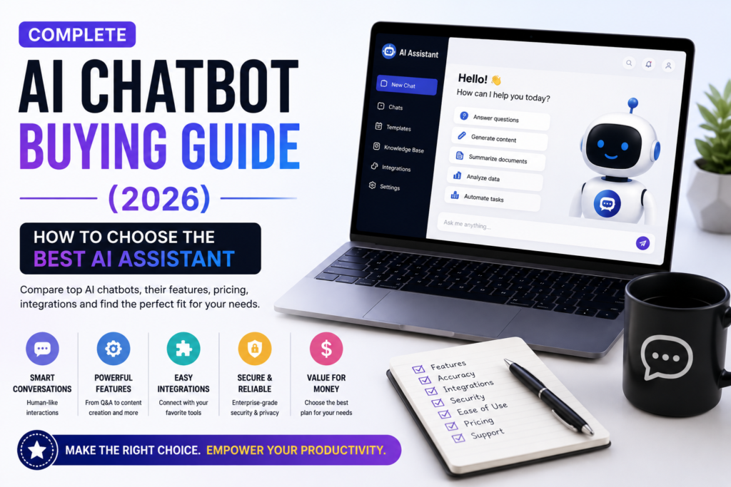 Complete AI Chatbot Buying Guide (2026) – Modern AI chatbot assistant interface on a laptop, helping users compare AI assistants based on features, pricing, security, integrations, and productivity.