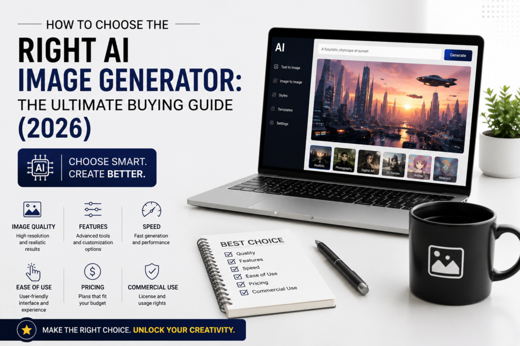 How to Choose the Right AI Image Generator – Modern AI image generation interface on a laptop, helping users compare AI art tools based on quality, speed, features, pricing, and commercial use.
