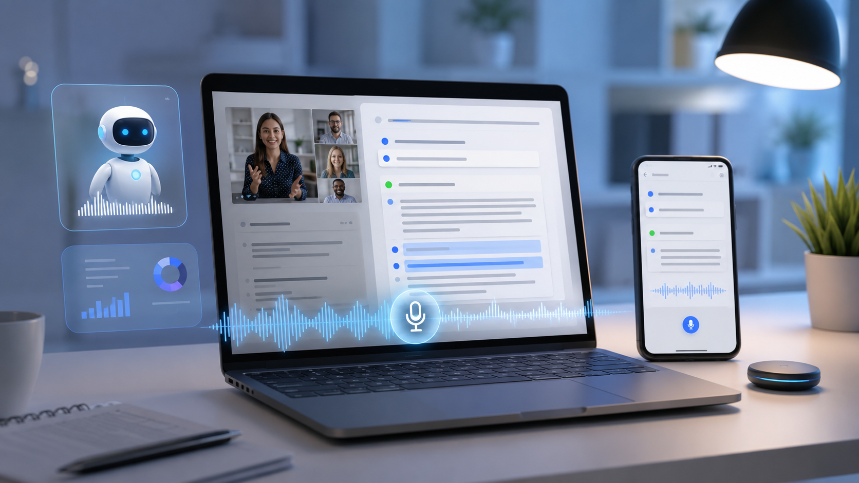AI note-taking app automatically summarizing a business meeting in 2026.