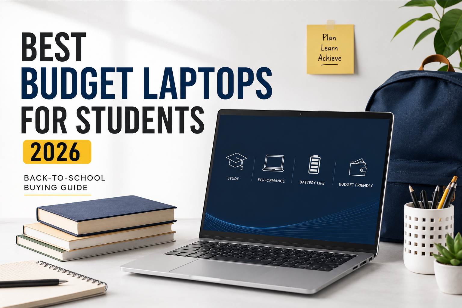 Best budget laptops for students in 2026 displayed on a study desk for the back-to-school buying guide