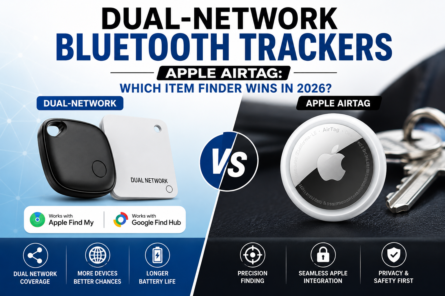 Dual-Network Bluetooth Trackers vs Apple AirTag comparison showing the best item finder in 2026