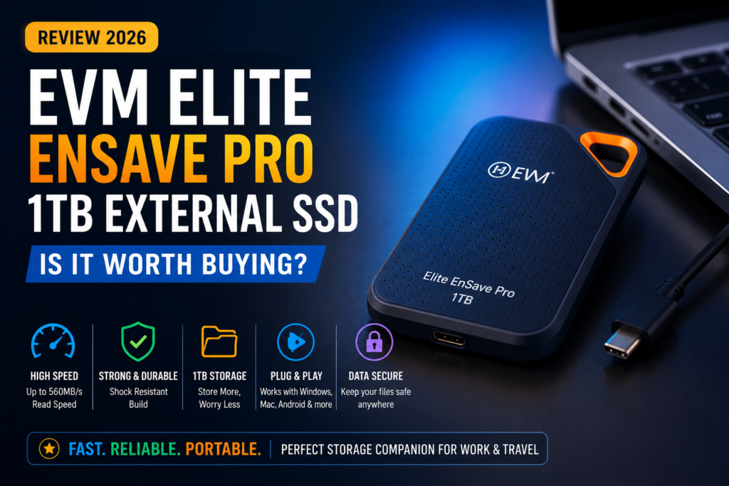 EVM Elite EnSave Pro 1TB External SSD Review (2026) – Portable USB-C external SSD with high-speed data transfer, durable design, and 1TB storage capacity.