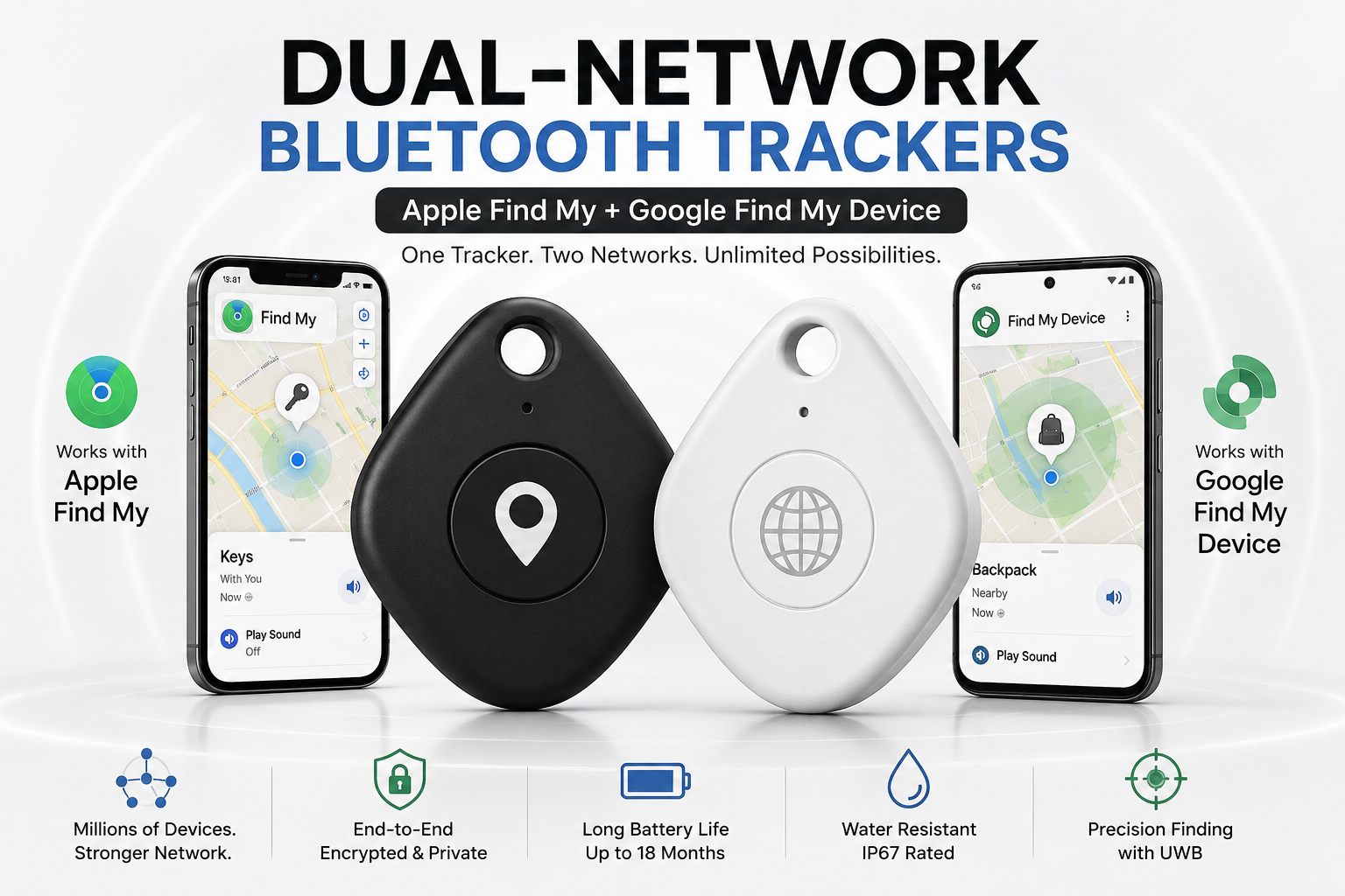 Dual-Network Bluetooth Tracker Compatible with Apple Find My and Google Find My Device