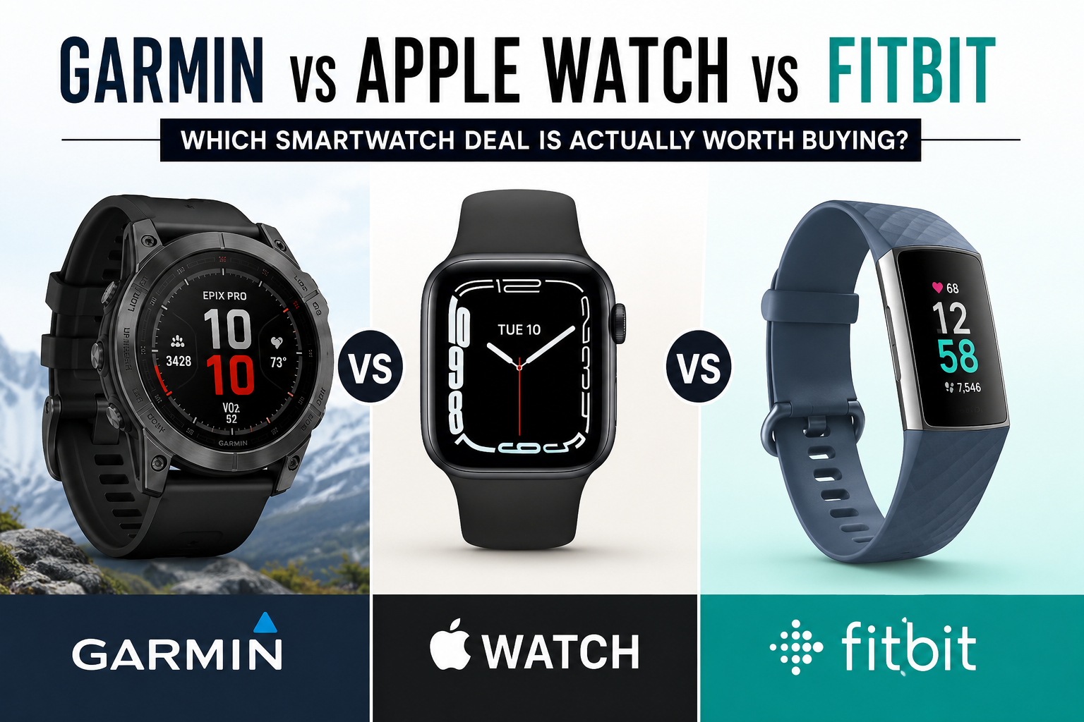 Garmin vs Apple Watch vs Fitbit comparison showing the best smartwatch deals of 2026
