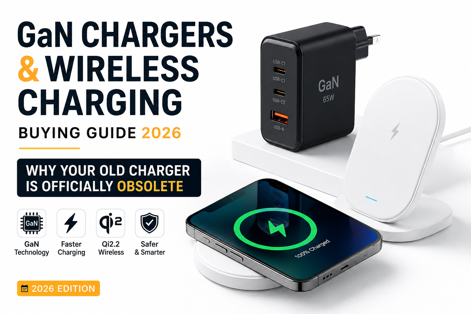 Modern GaN charger, Qi2 wireless charging stand, and smartphone charging wirelessly for the 2026 buying guide
