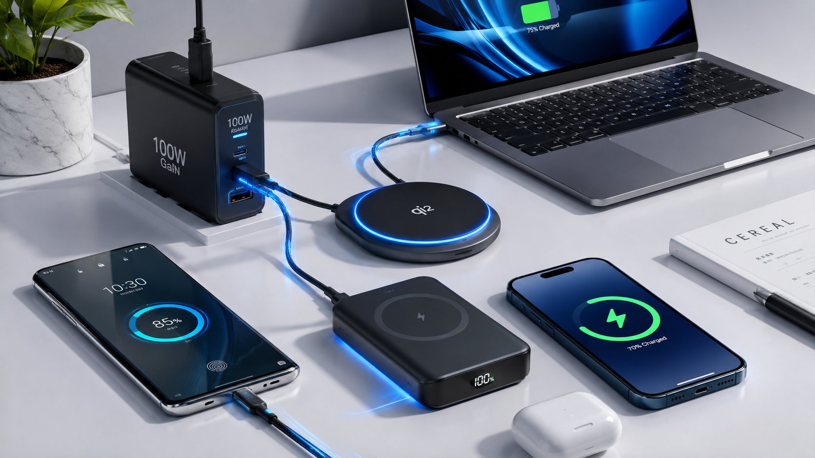 Compact GaN charger with Qi2 wireless charging pad and magnetic power bank for fast charging devices in 2026.