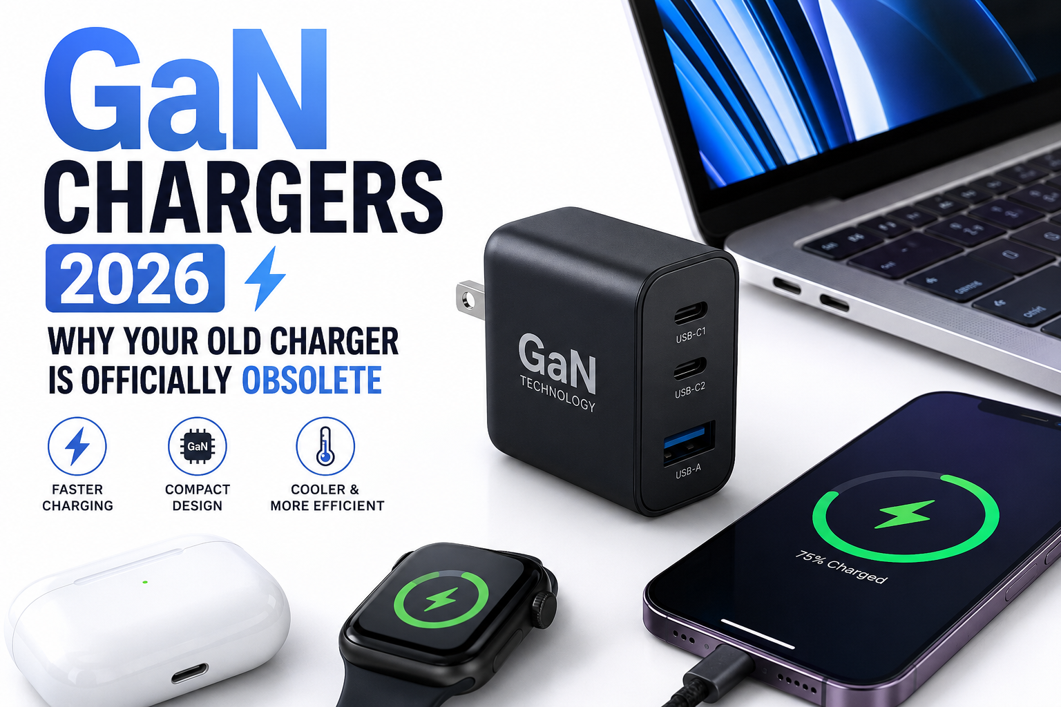 GaN Charger 2026 powering smartphone and laptop with fast USB-C charging