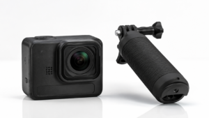 GoPro Mission 1 Pro with 1-inch sensor and grip accessory on a white background.
