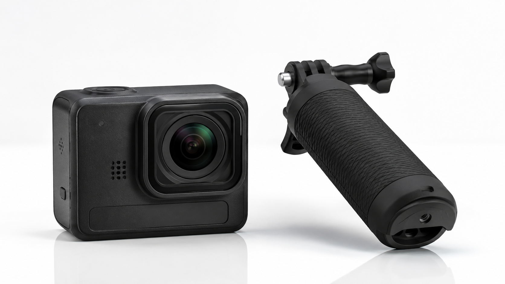 GoPro Mission 1 Pro with 1-inch sensor and grip accessory on a white background.