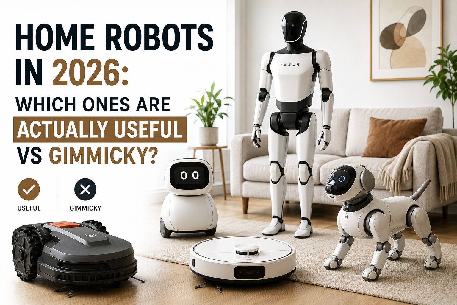 Home Robots in 2026 including humanoid robot, robot vacuum, AI companion robot, and robotic pet in a modern smart home