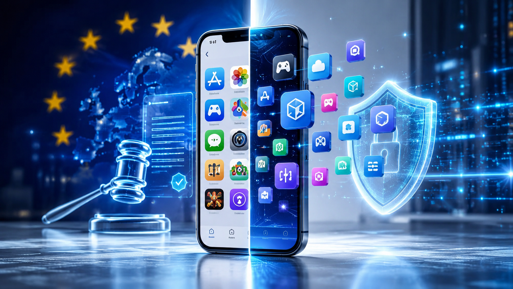 Apple vs EU Digital Markets Act ruling showing alternative app stores on iPhone.