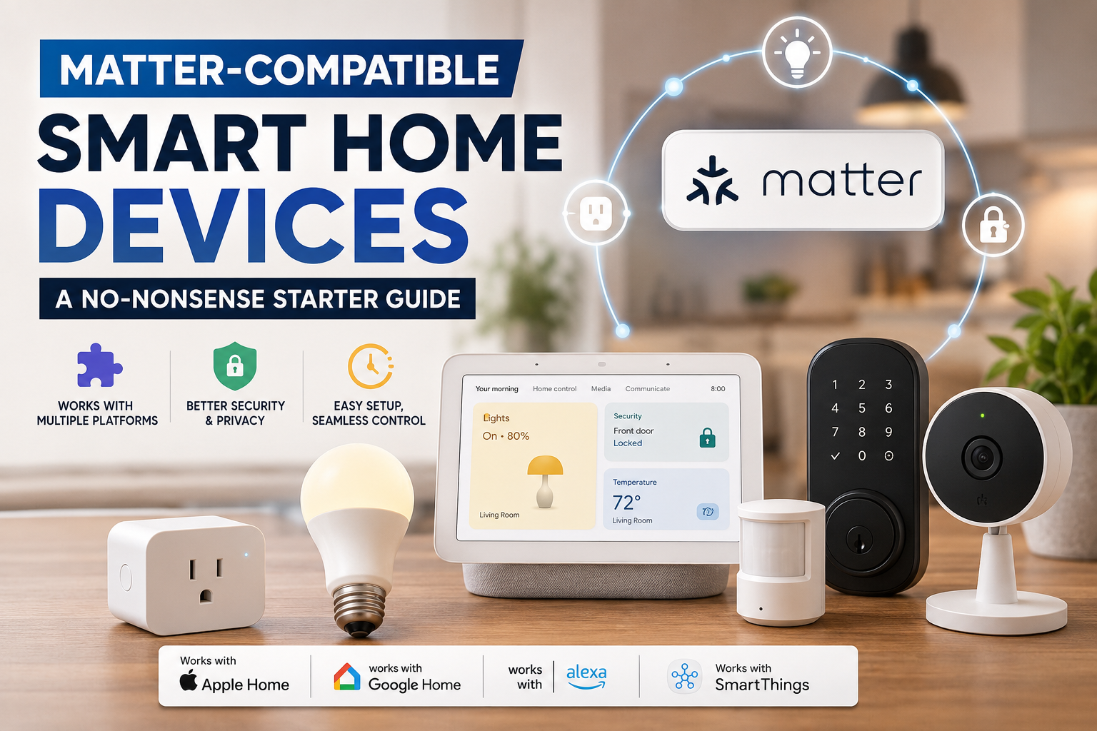 Matter-Compatible Smart Home Devices setup with smart lights, smart lock, smart plug, security camera, and Matter ecosystem