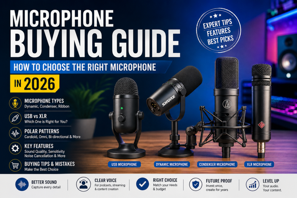 Professional microphone buying guide showing USB and XLR microphones for podcasting, streaming, gaming, and music recording in 2026.