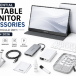 Essential portable monitor accessories including USB-C hub, adjustable stand, power bank, and protective sleeve on a modern workspace.