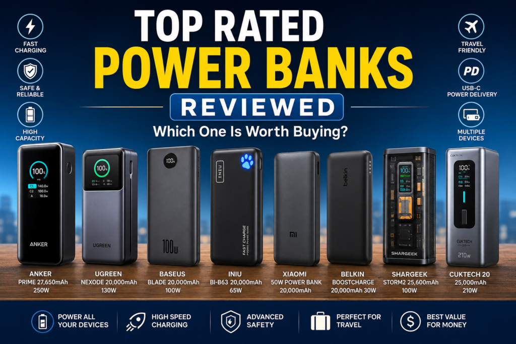 Top rated power banks compared including Anker, UGREEN, Baseus, INIU, Xiaomi, Belkin, Shargeek, and CUKTECH portable chargers.