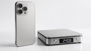 Rumored heavier iPhone 18 Pro beside a digital scale illustrating increased weight.