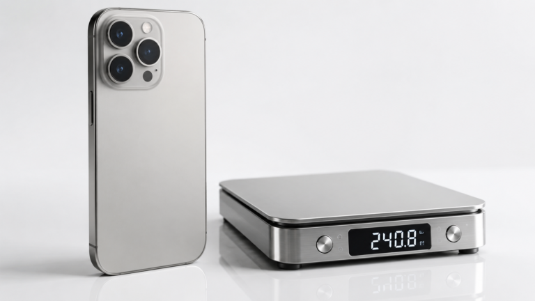 Rumored heavier iPhone 18 Pro beside a digital scale illustrating increased weight.