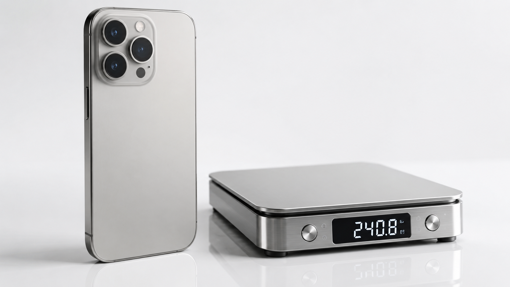 Rumored heavier iPhone 18 Pro beside a digital scale illustrating increased weight.