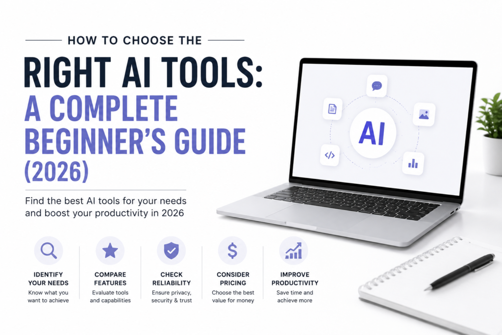 How to Choose the Right AI Tools – Modern AI guide featuring a laptop with AI interface, helping beginners choose the best AI tools for productivity, content creation, coding, design, and business.