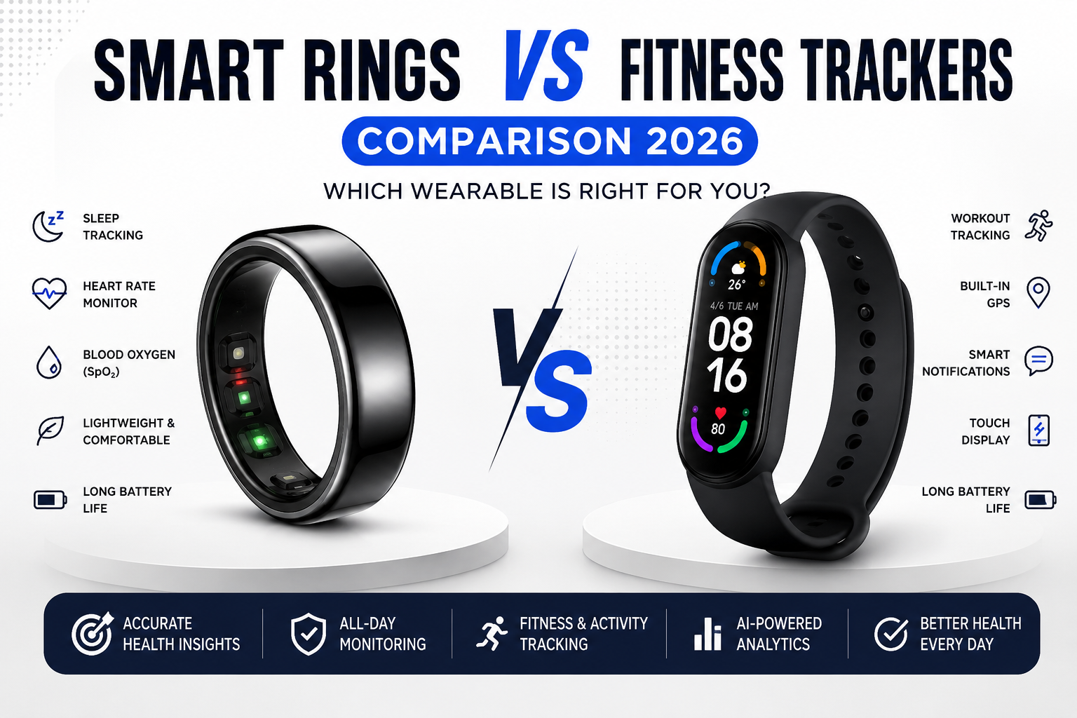 Smart Ring vs Fitness Tracker comparison in 2026 showing wearable devices for health and fitness tracking