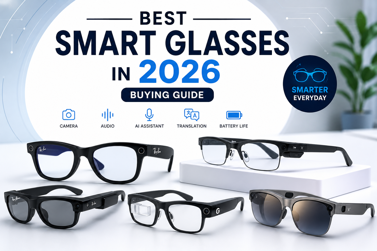A collection of the best smart glasses in 2026 featuring AI-powered wearable technology with built-in cameras, open-ear audio, voice assistant, translation, and long battery life.