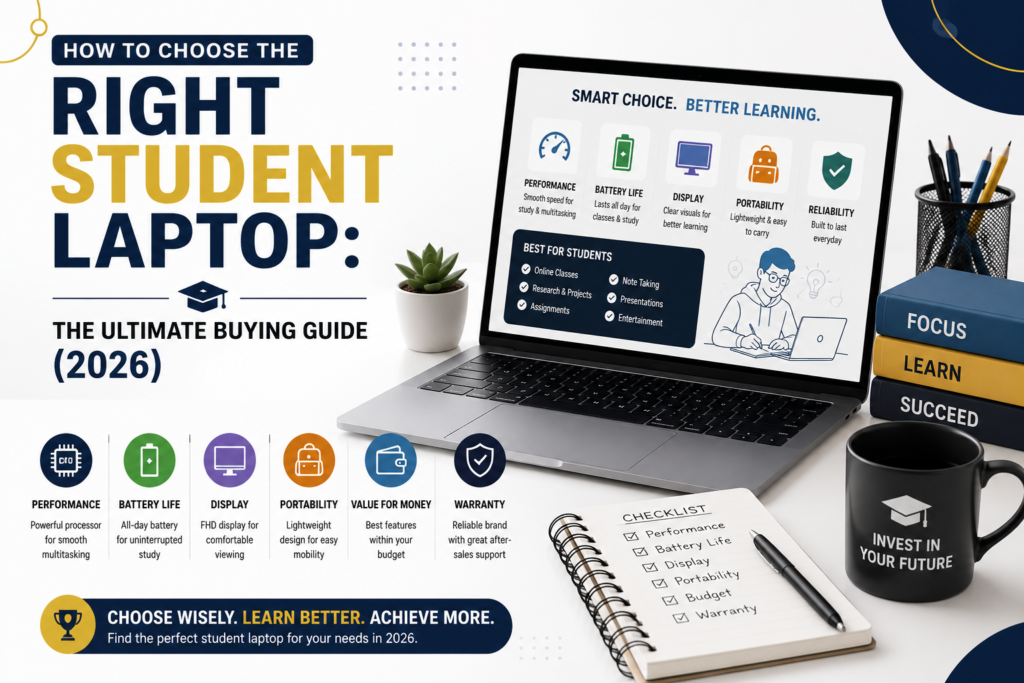 How to Choose the Right Student Laptop – Modern student laptop on a study desk with books and notebook, helping students choose the best laptop for education, online classes, programming, and productivity.