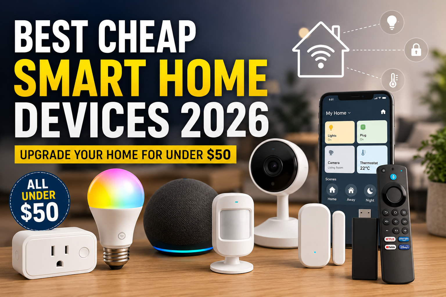 Best Cheap Smart Home Devices 2026 featuring affordable smart plugs, smart bulbs, security cameras, and streaming devices under $50