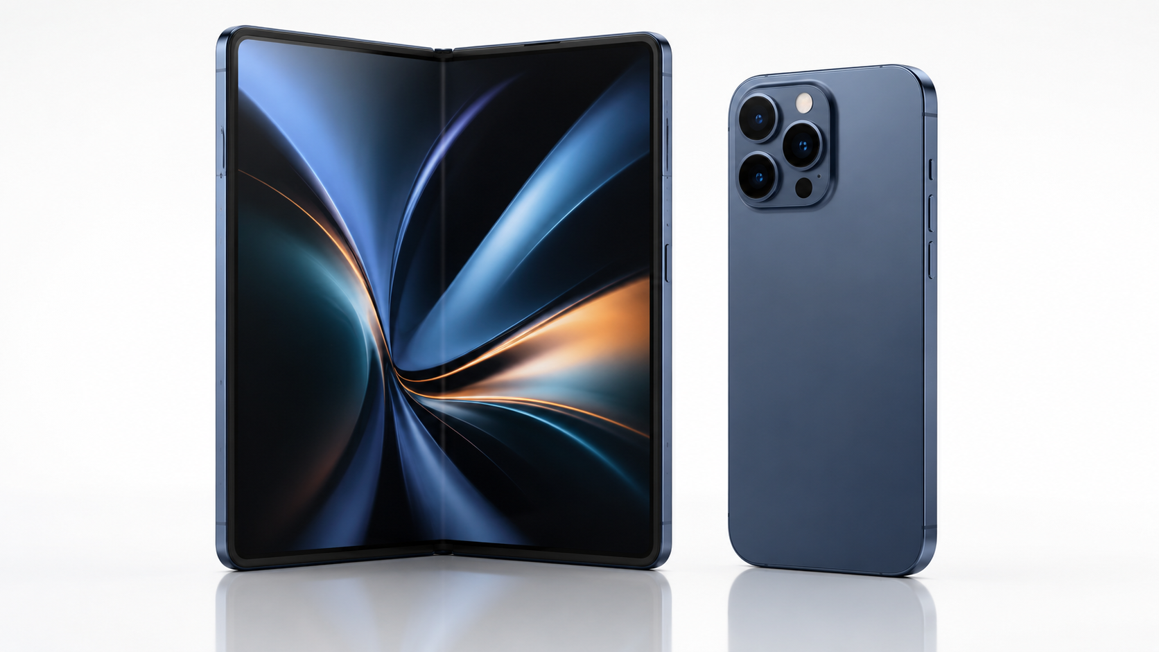 Galaxy Z Fold 8 compared with iPhone 18 Pro on a white studio background.