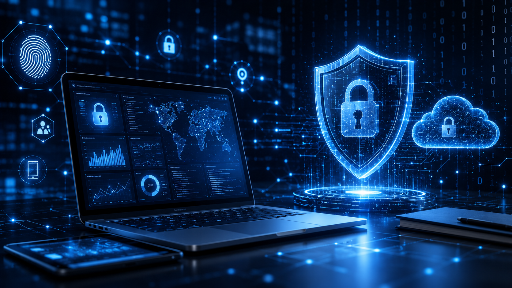 Privacy Policy hero image showing secure digital data, cybersecurity shield, encrypted cloud storage, and protected network connections.