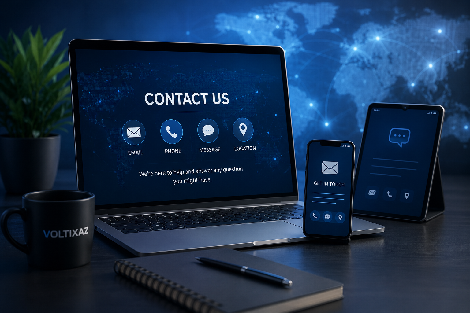Modern technology workspace representing the Voltixaz Contact Us page with laptop, smartphone, and digital communication icons.