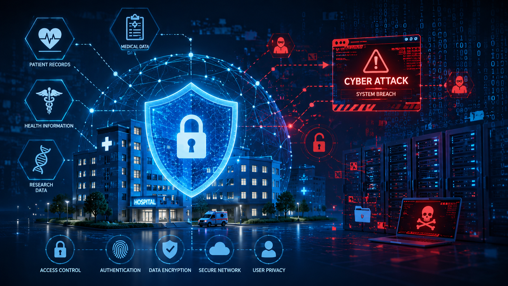 McKesson Data Breach cybersecurity illustration showing a hospital network under cyberattack