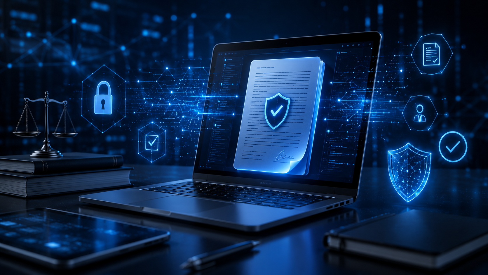 Disclaimer page featured image showing a secure digital document, cybersecurity shield, and encrypted network representing transparency, responsibility, and trusted technology content.