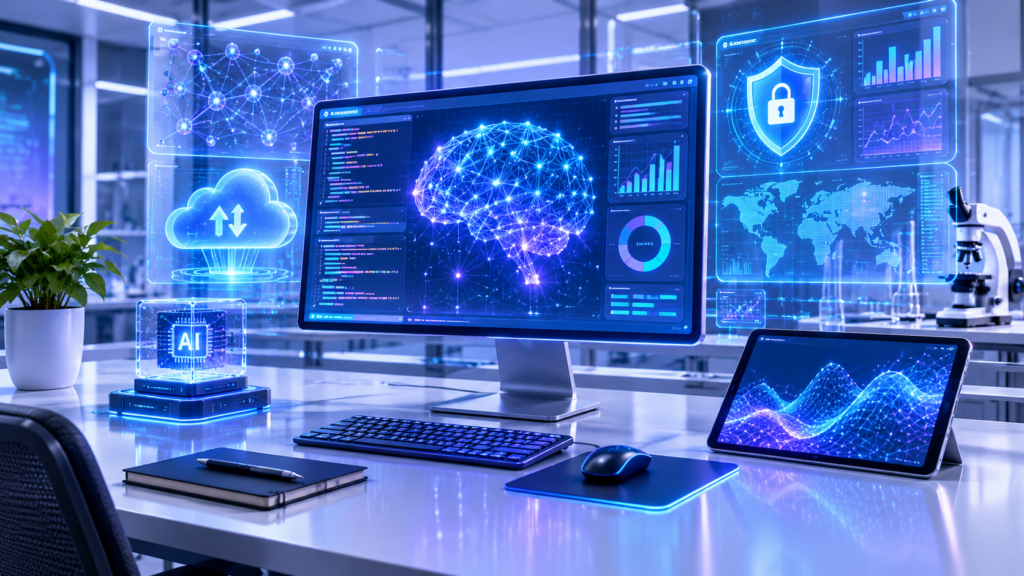 Claude Fable 5.1 AI research laboratory with futuristic coding