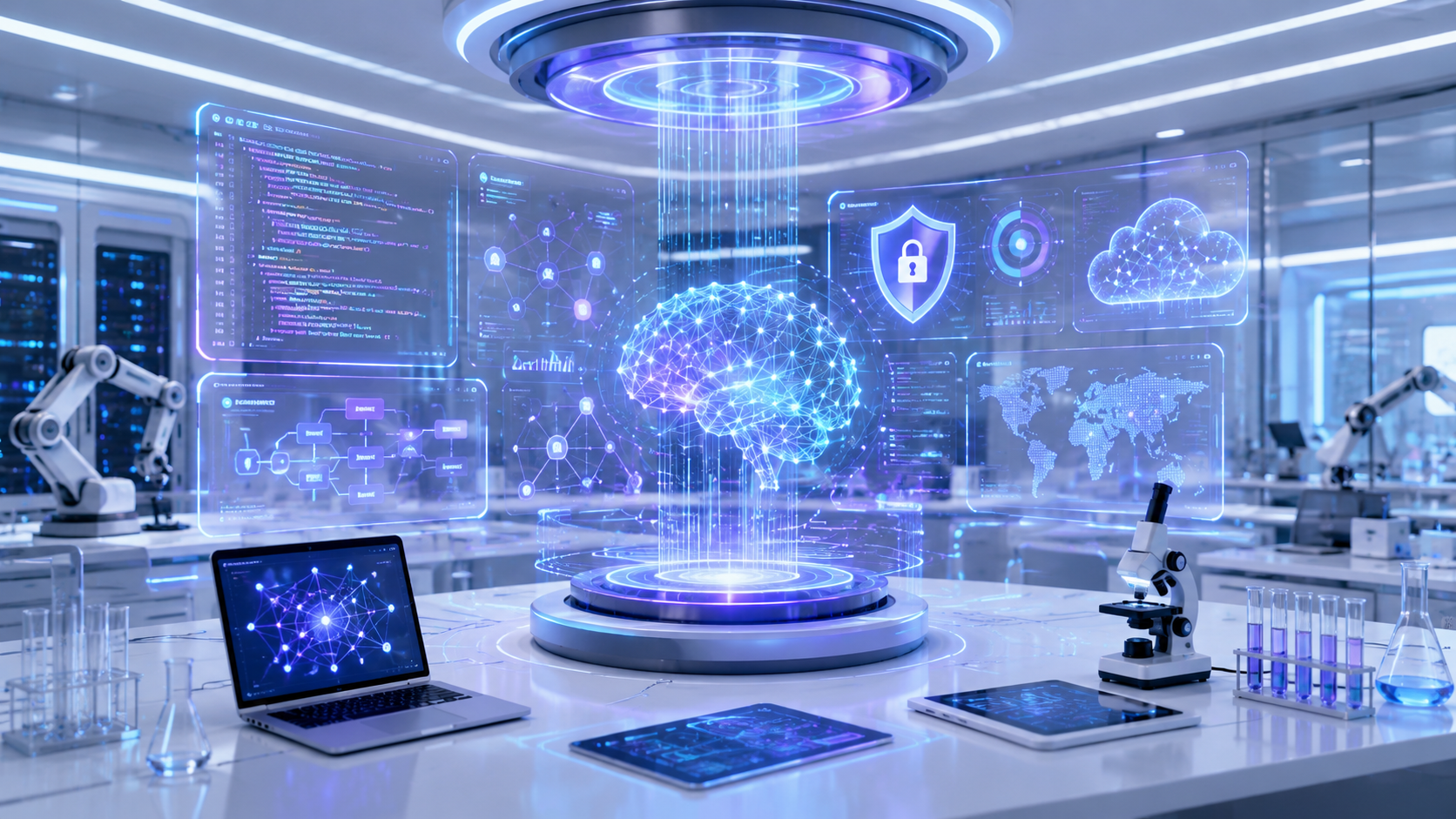 Claude Fable 5.1 AI research laboratory with futuristic coding, cybersecurity, and cloud computing interface