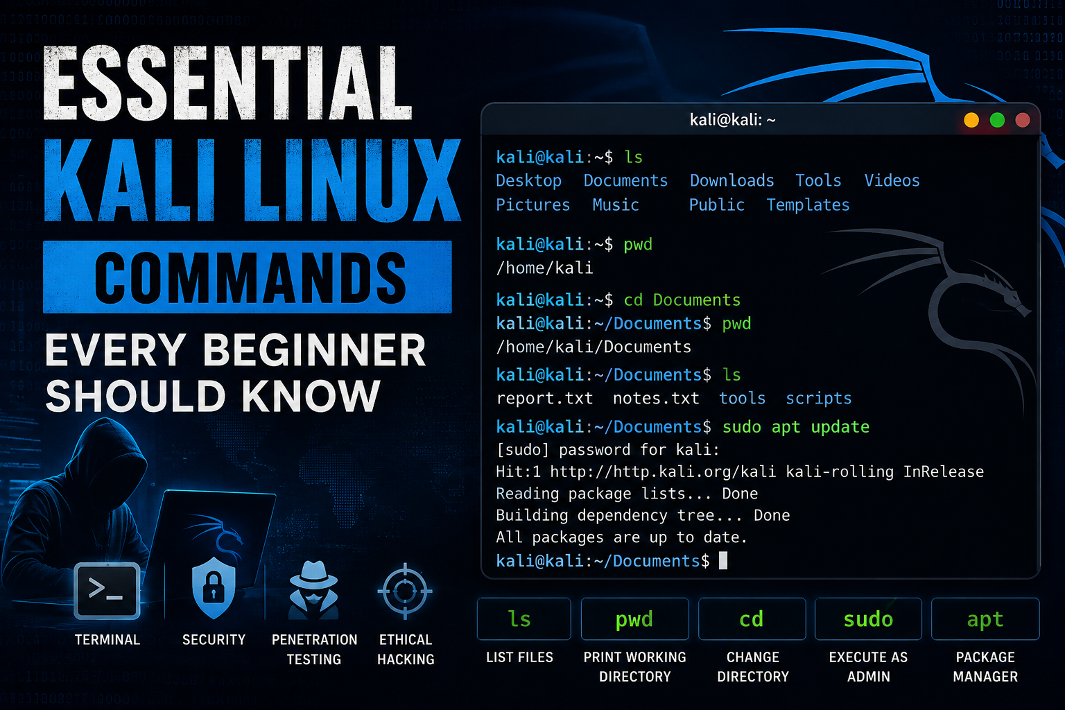 Essential Kali Linux commands every beginner should know displayed in a Kali Linux terminal, including ls, pwd, cd, sudo, and apt commands.
