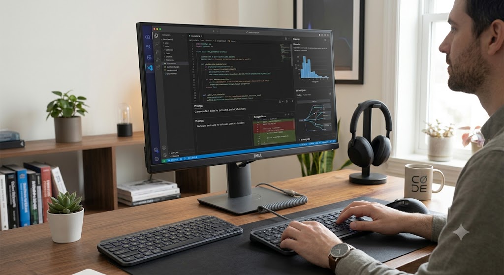 Developer using Logitech MX Keypad with AI coding assistants