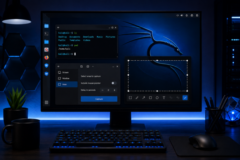 How to take a screenshot in Kali Linux using keyboard shortcuts and screenshot tools.